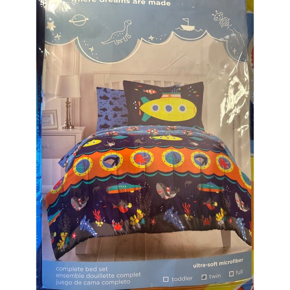 Submarine Twin Bed Set SeaLife Navy Blue Shark Ocean 5pc Dream Factory NWT - Picture 2 of 8